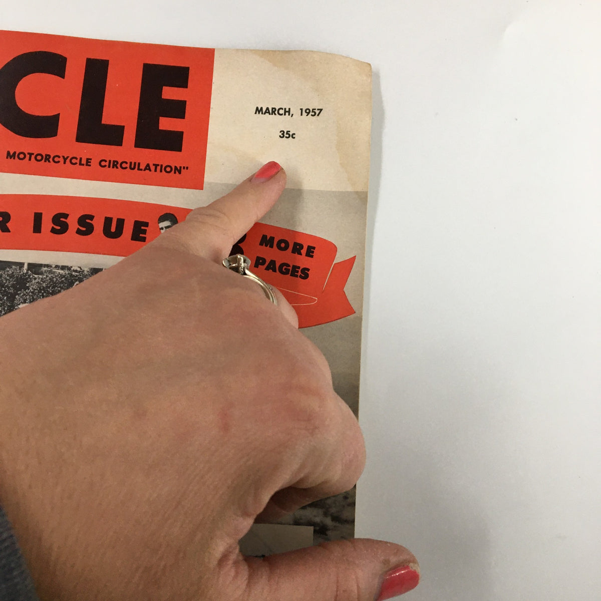 Close-up of the header on VTG Cycle Magazine March 1957 indicating the issue date, price, and additional pages, highlighting its collectible value for enthusiasts.