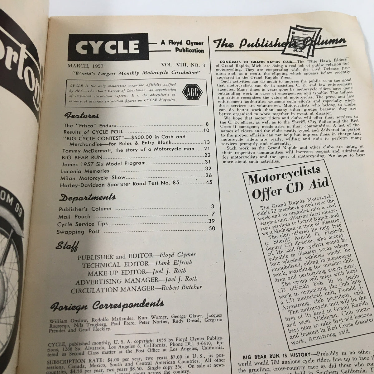 Inside page of Cycle Magazine March 1957 featuring articles, features, and a list of departments about motorcycle culture and racing.