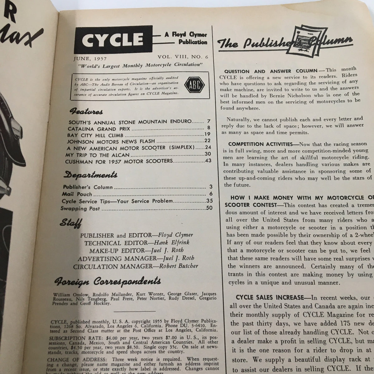 Inside page of VTG Cycle Magazine June 1957 highlighting features and articles, including the South's Annual Stone Mountain Enduro.