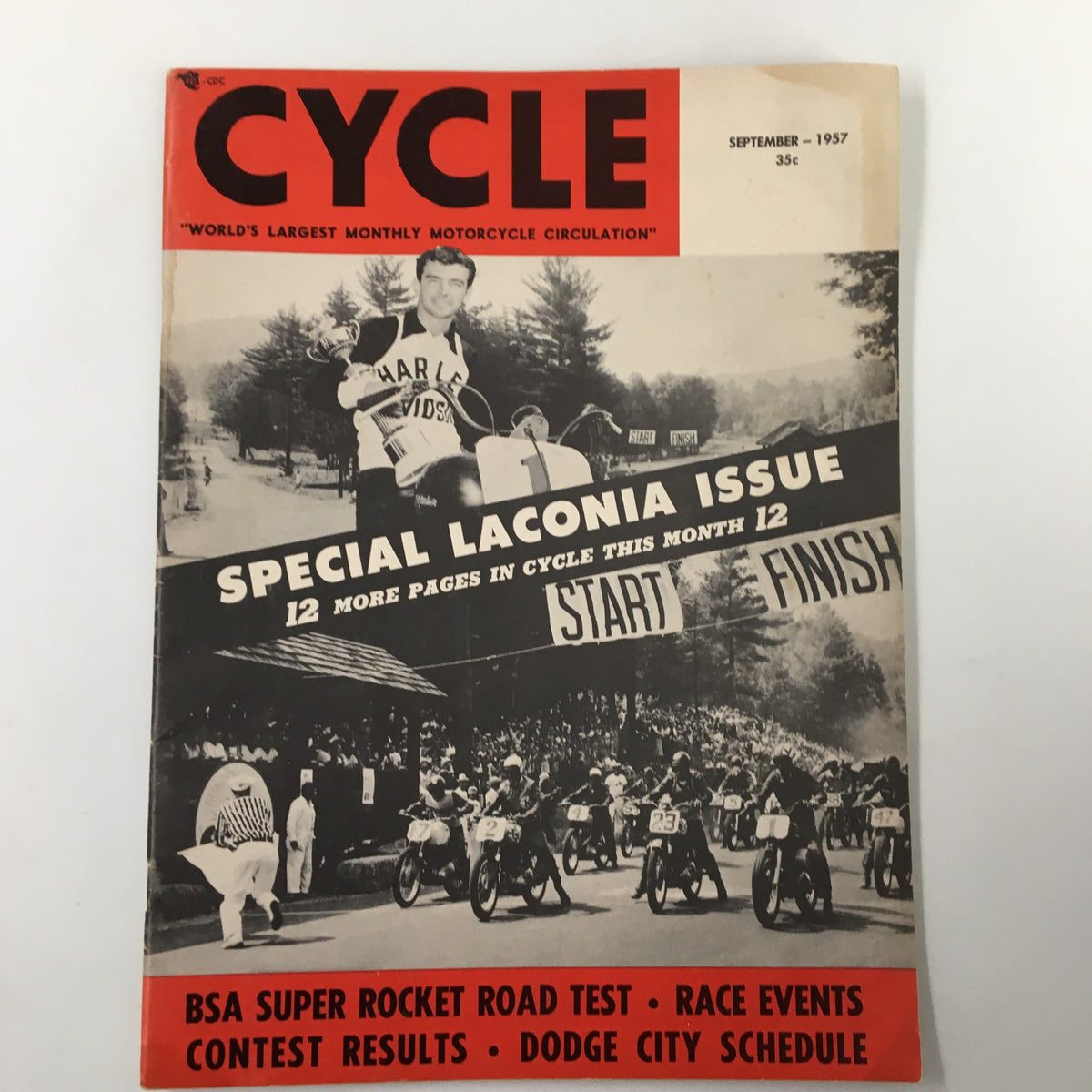VTG Cycle Magazine September 1957 cover featuring a vintage motorcycle scene with the headline 'Special Laconia Issue', showcasing the excitement of racing events and detailed highlights from Clymer's Laconia.
