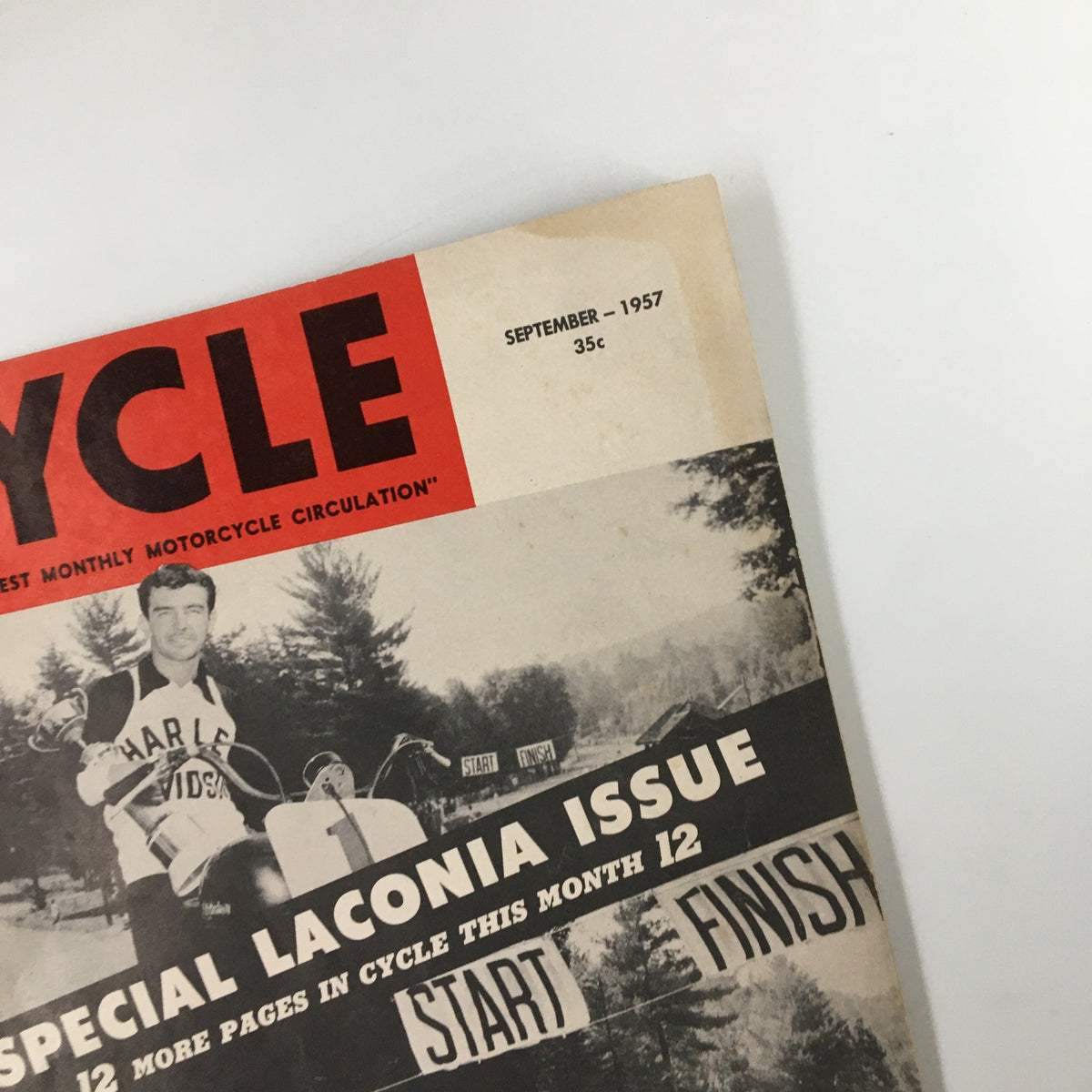 Cover of VTG Cycle Magazine September 1957 featuring a motorcycle theme and the highlights of Clymer's Laconia.