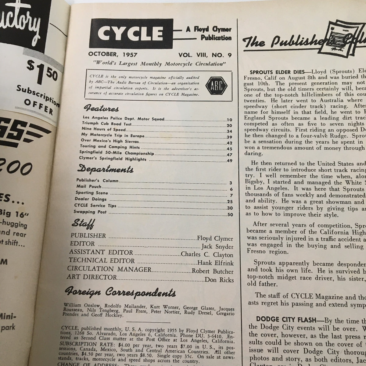 Interior page of VTG Cycle Magazine, October 1957, displaying the table of contents and features such as 'My Motorcycle Trip in Europe' and other motorcycle-related articles.
