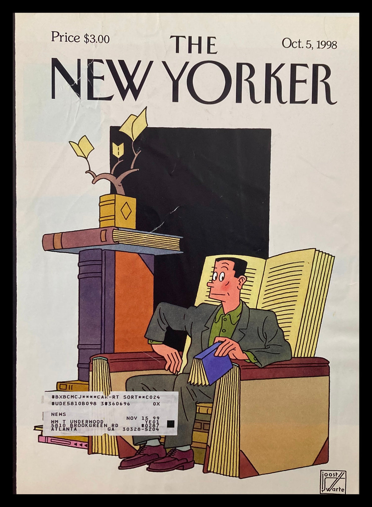 COVER ONLY The New Yorker October 5 1998 featuring Fall Books cover designed by Joost Swarte, showcasing a man seated in a chair with books around him and decorative leaves.