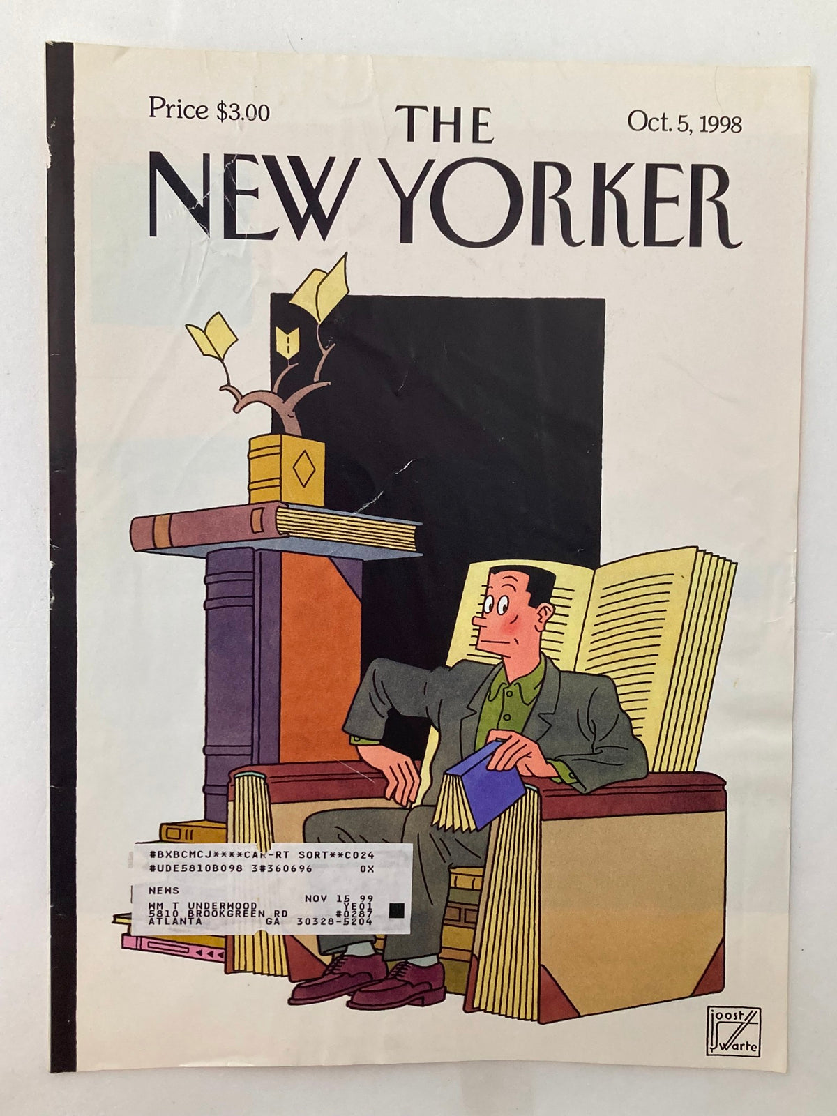 COVER ONLY The New Yorker October 5 1998 with Fall Books illustration by Joost Swarte, depicting a man holding a book, surrounded by tall stacks of literature and decorative plant motifs.