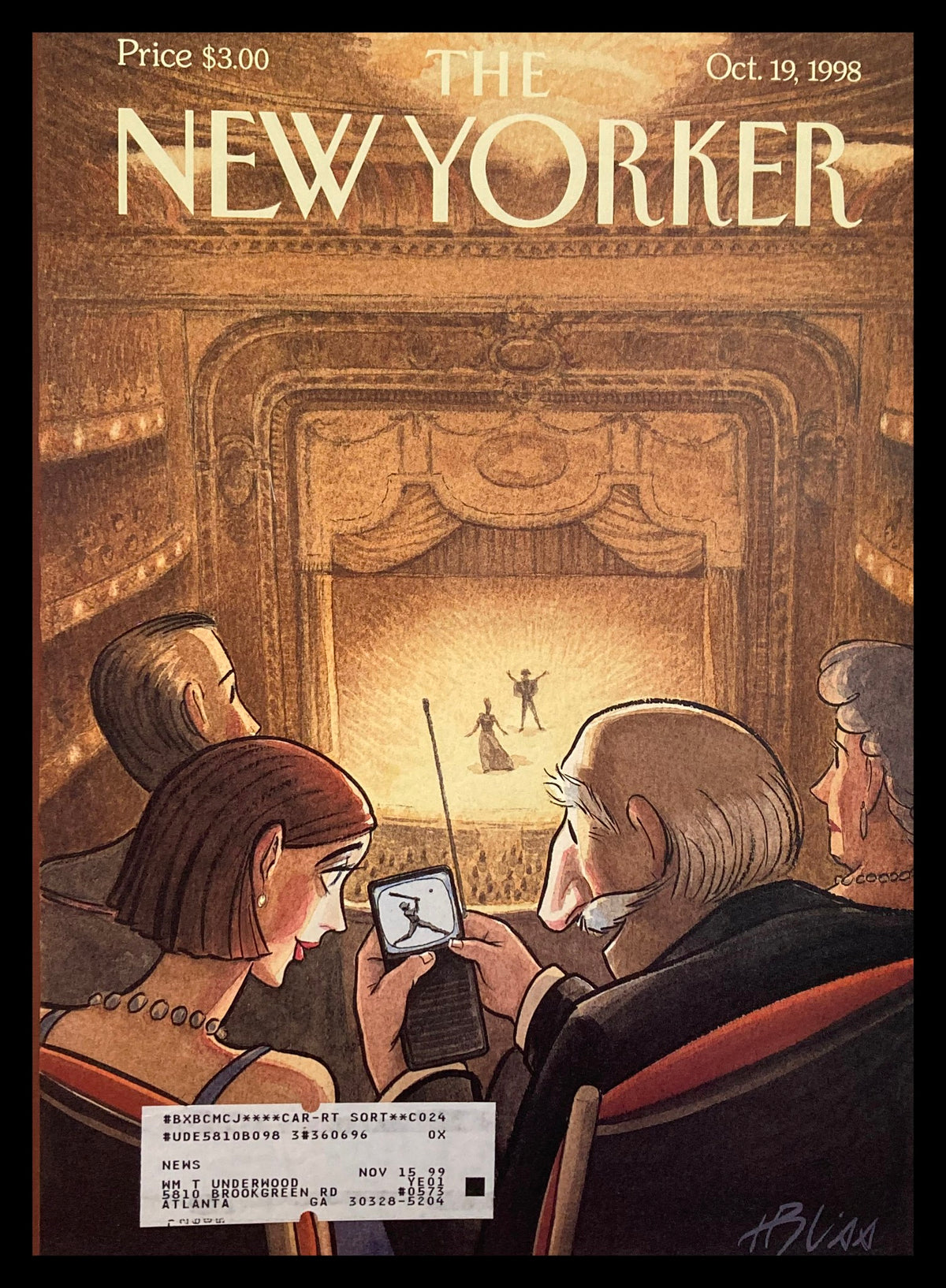 COVER ONLY The New Yorker October 19 1998 Doubleheader by Harry Bliss featuring a theater scene with audience members intently watching a performance.