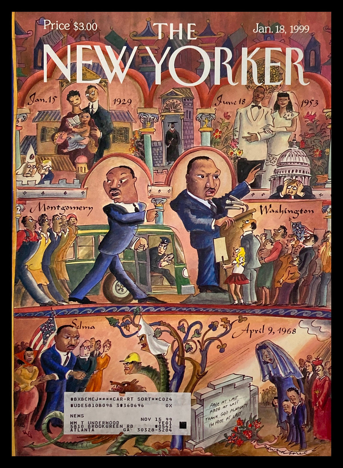 Cover of The New Yorker dated January 18, 1999, featuring a tribute to Martin Luther King Jr. by E. Sorel, showcasing significant moments from his life in colorful illustrations.