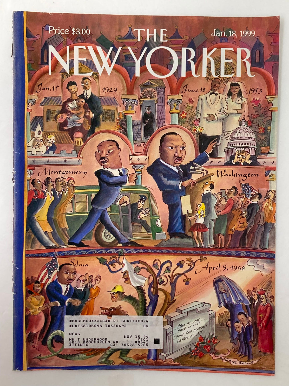 The New Yorker cover from January 18, 1999, illustrated by E. Sorel, depicting important events related to Martin Luther King Jr., vibrant and artistic design.