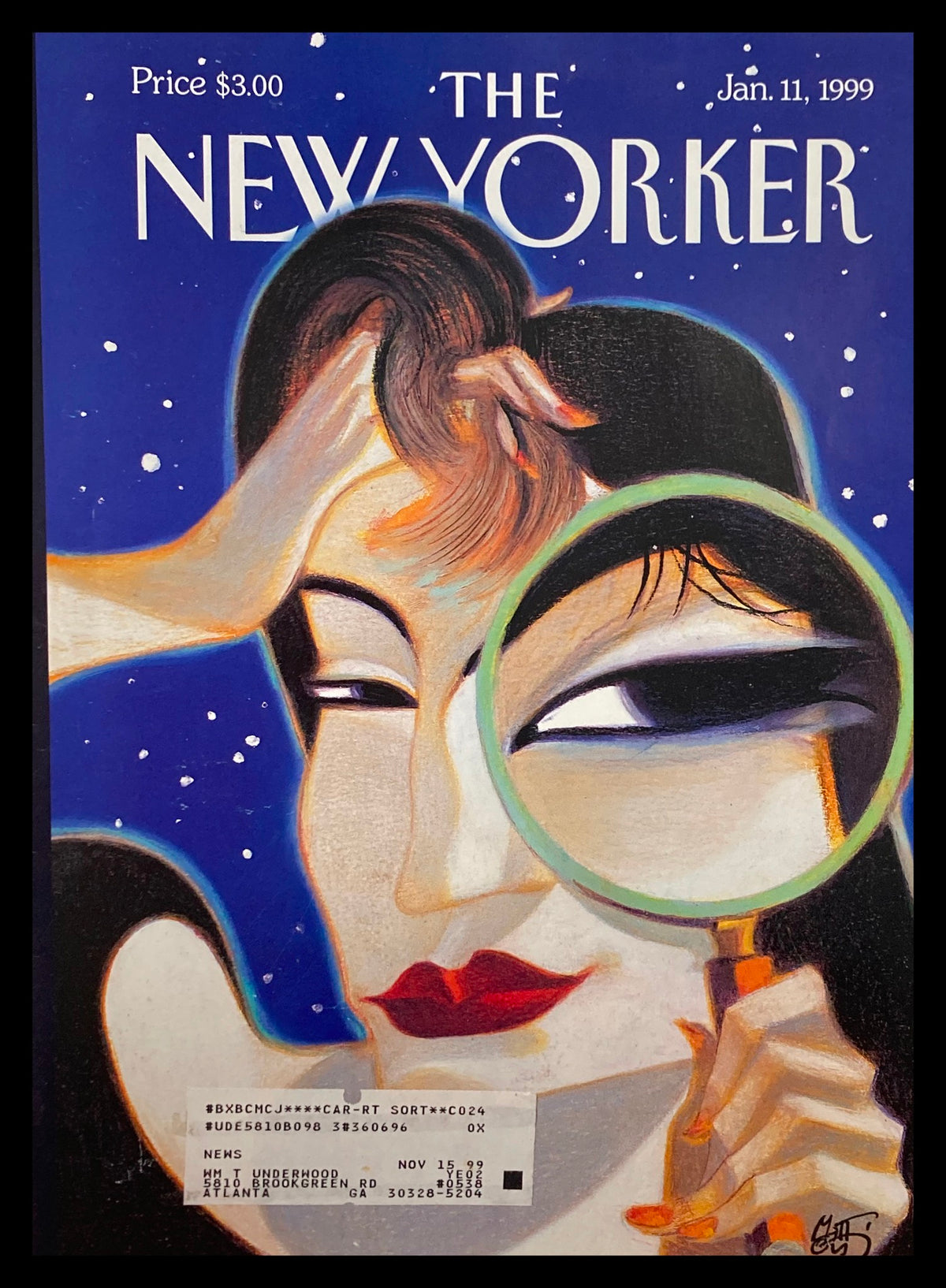 Cover Only The New Yorker January 11 1999 featuring an illustration by Lorenzo Mattotti, showcasing a woman looking through a magnifying glass against a starry background.