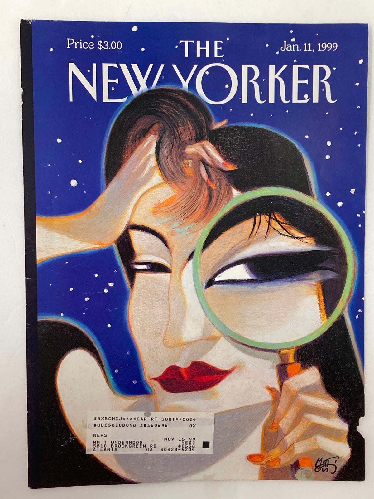 Cover Only The New Yorker January 11 1999 illustrating a woman with a magnifying glass, art by Lorenzo Mattotti, capturing a colorful and imaginative design.
