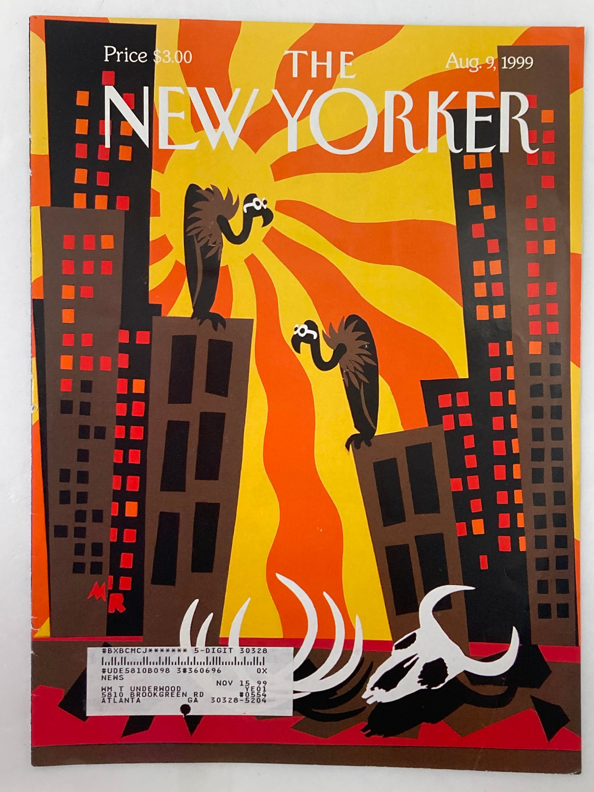 The New Yorker August 9 1999 Heat Wave cover showcasing bold colors and whimsical vultures on buildings, capturing the essence of a heatwave, artwork by Michael Roberts.