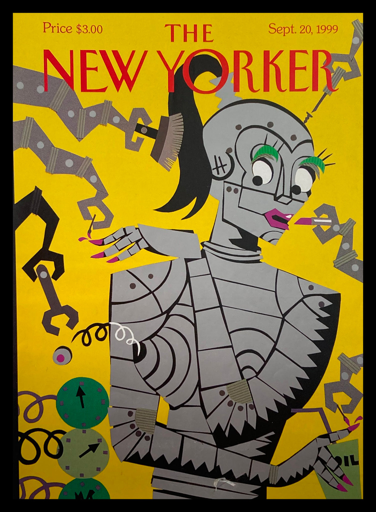 Cover of The New Yorker September 20, 1999, titled 'Steeling Beauty' by Michael Roberts, featuring a colorful illustration of a robot with striking pink lips and green eyelashes, surrounded by mechanical elements on a vibrant yellow background.