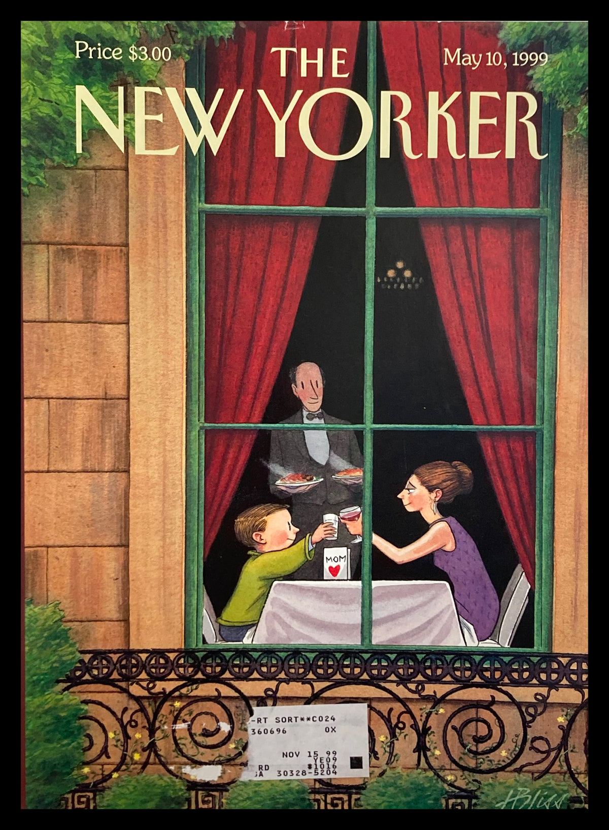 The New Yorker May 10 1999 Cover - Here's To You Mom, featuring an illustration of a mother and child dining at a table with a waiter in the background.