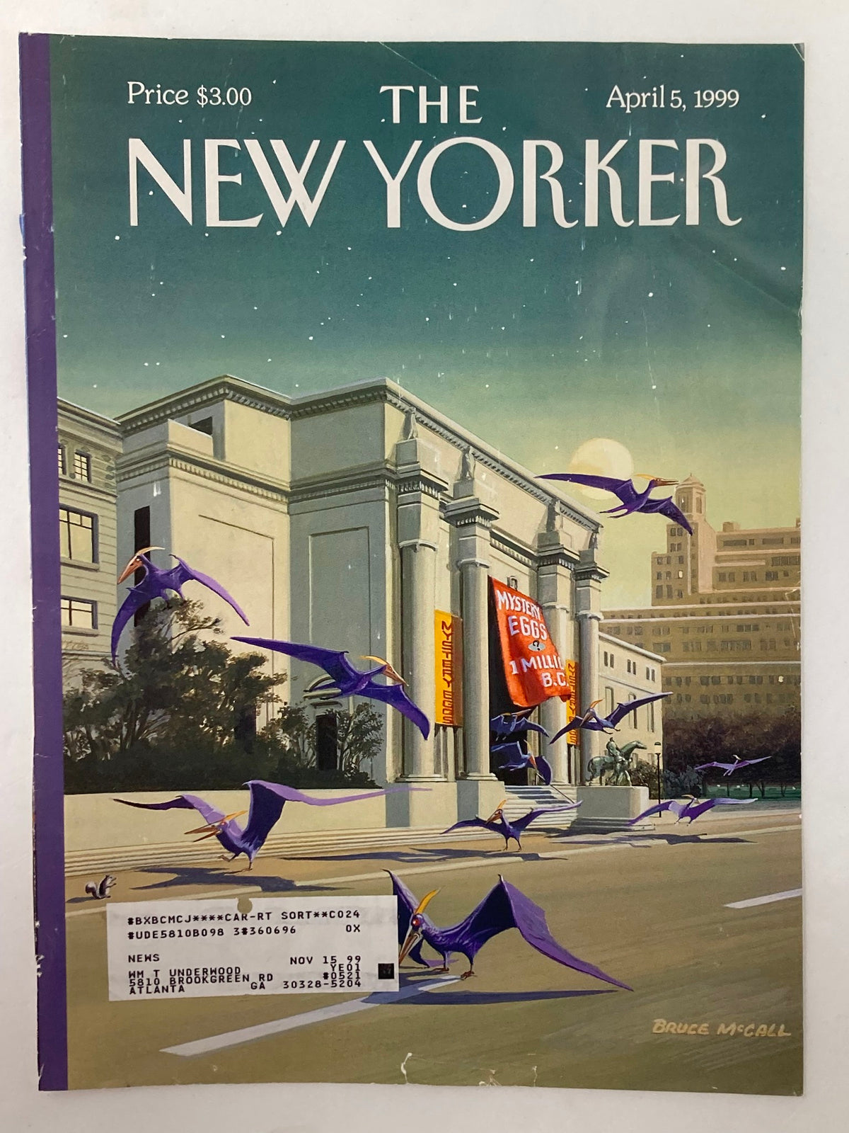 Cover from The New Yorker April 5, 1999 showcasing a whimsical Easter Morning design featuring purple flying creatures, created by Bruce McCall.