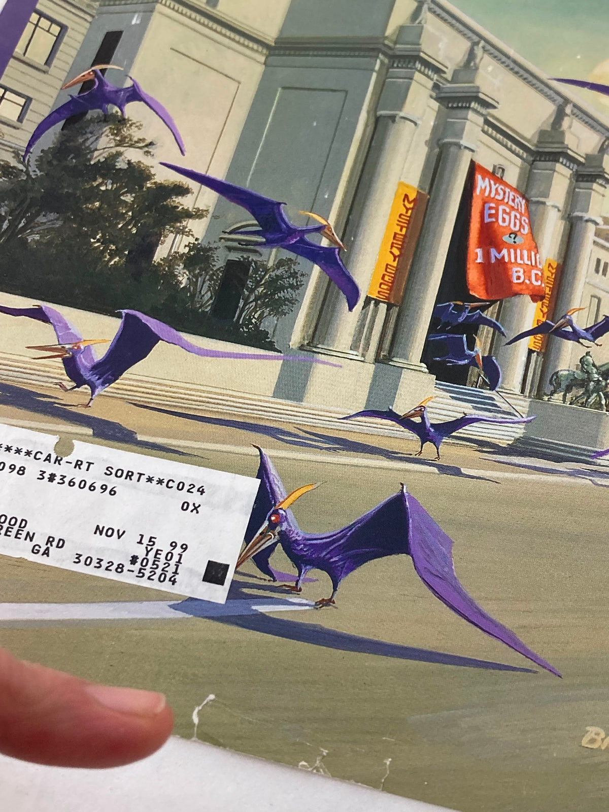 The New Yorker April 5 1999 Easter Morning cover featuring vibrant purple pterosaurs in flight near a museum backdrop, showcasing unique artwork by Bruce McCall with vintage appeal.
