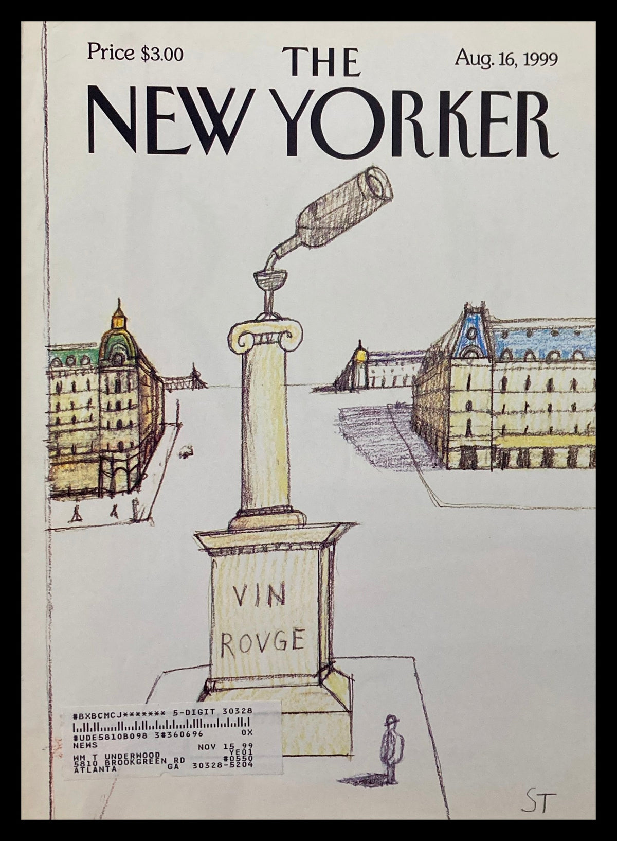 Cover of The New Yorker August 16, 1999, titled 'Red Wine Rules' by Saul Steinberg, featuring an illustration of a wine bottle atop a pillar with a background of classic architecture.