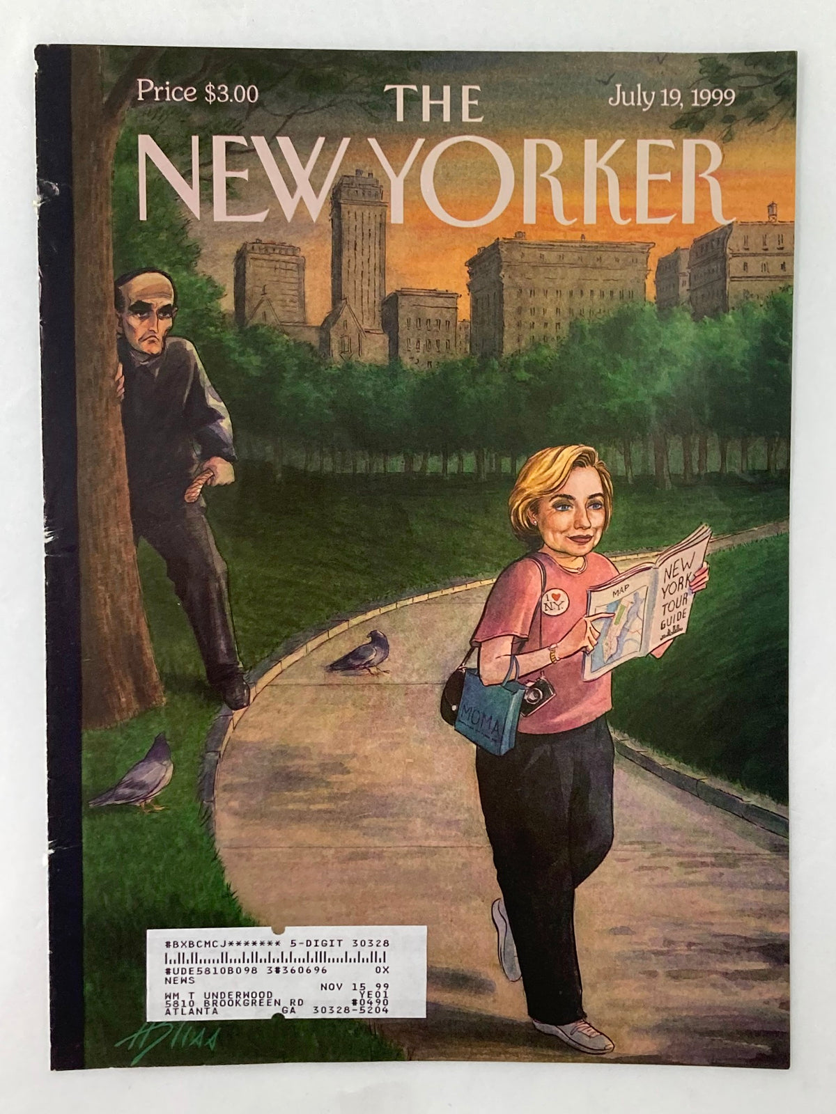 Cover of The New Yorker dated July 19, 1999, titled 'The Tough Guy & The Tourist' by H. Bliss, depicting a woman holding a New York tour guide while a man lurks nearby in a park setting.
