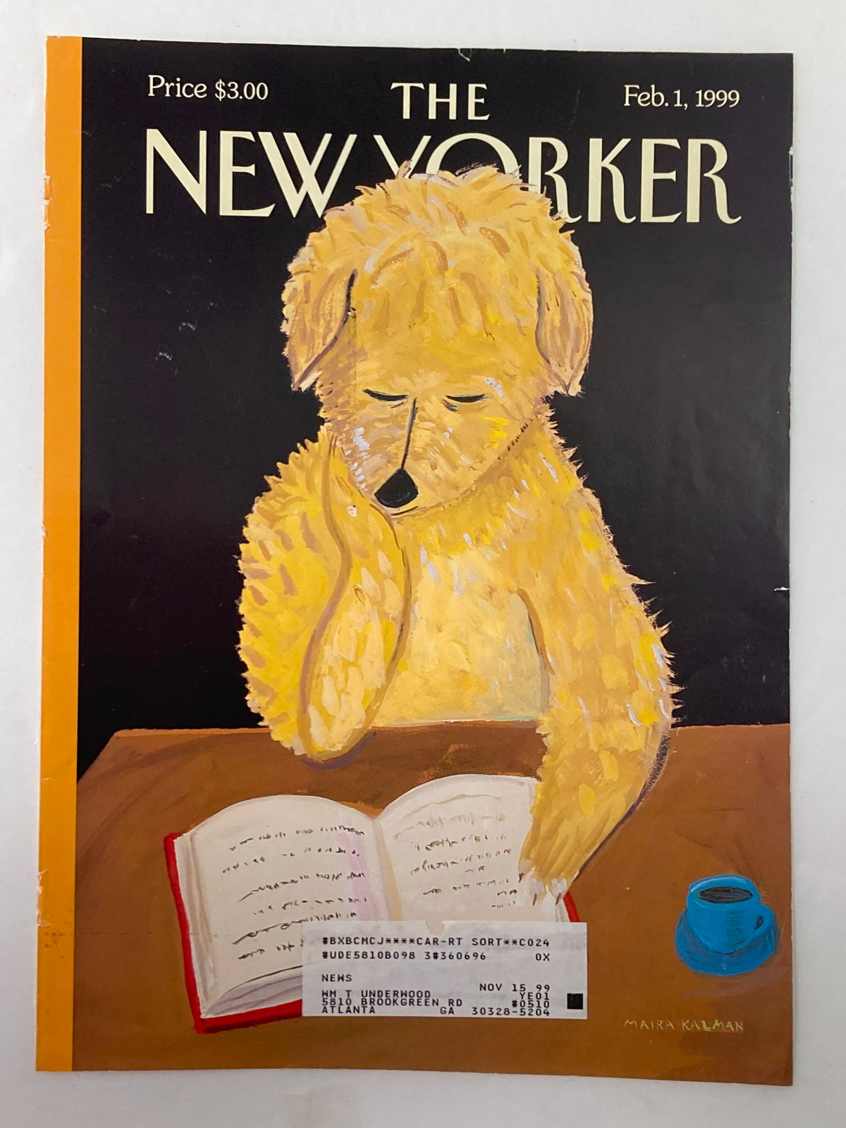 Vintage cover of The New Yorker dated February 1, 1999, showcasing Maira Kalman's playful artwork of a dog absorbed in reading a book. A charming piece for collectors and fans of literature.