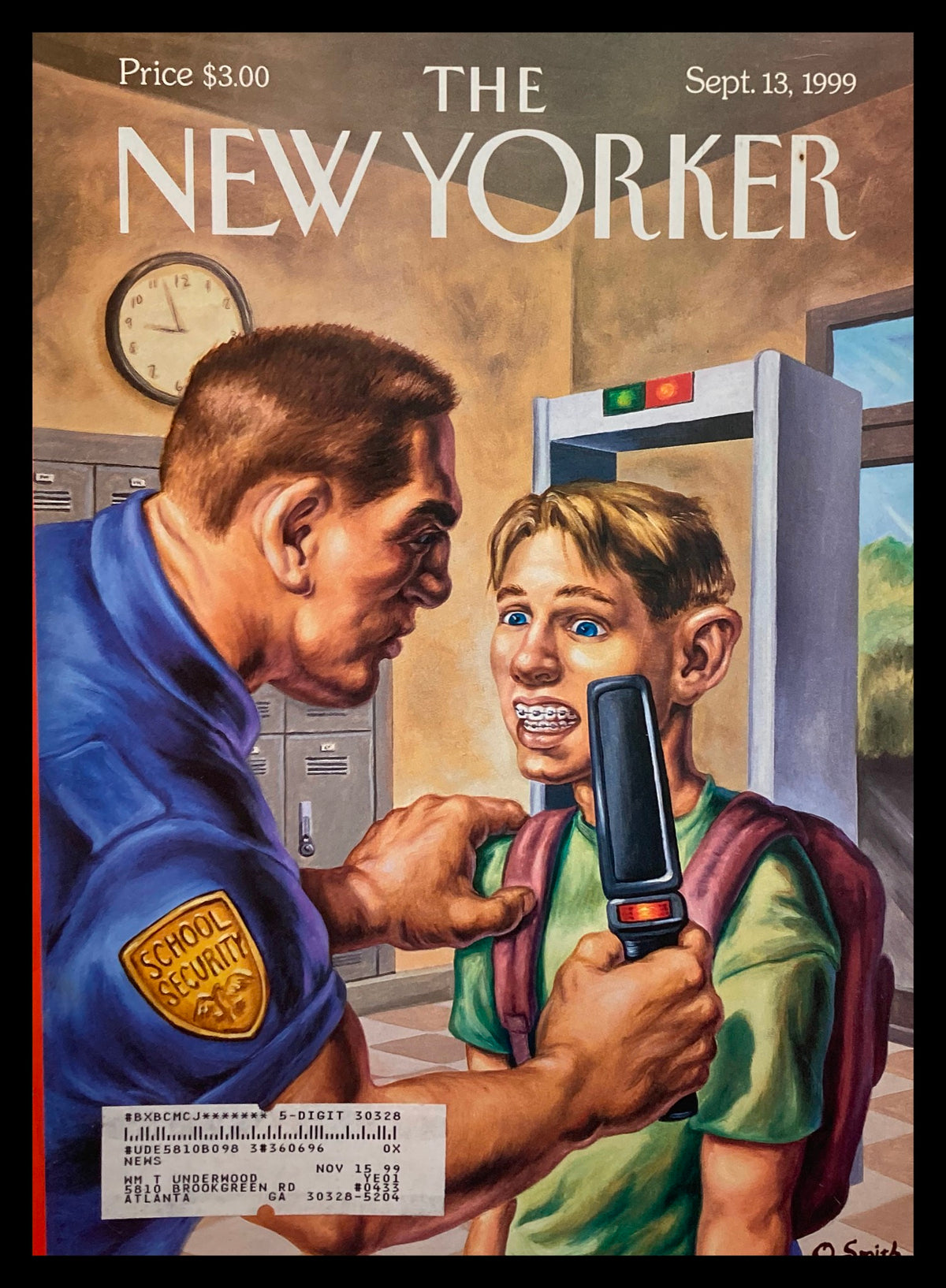 Cover of The New Yorker dated September 13, 1999 titled 'Brace Yourself' by Owen Smith, depicting a school security officer confronting a surprised student in a hallway, showcasing themes of humor and societal commentary.