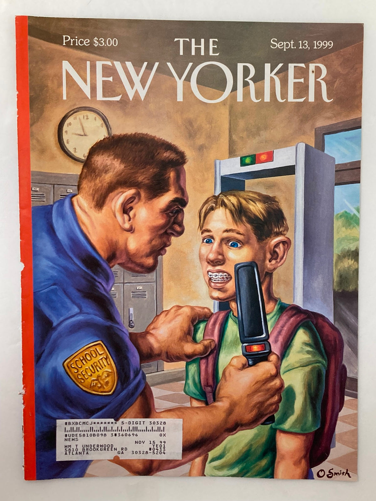 Cover of The New Yorker dated September 13, 1999, titled 'Brace Yourself' by Owen Smith, depicting a school security officer confronting a young student in a school setting.