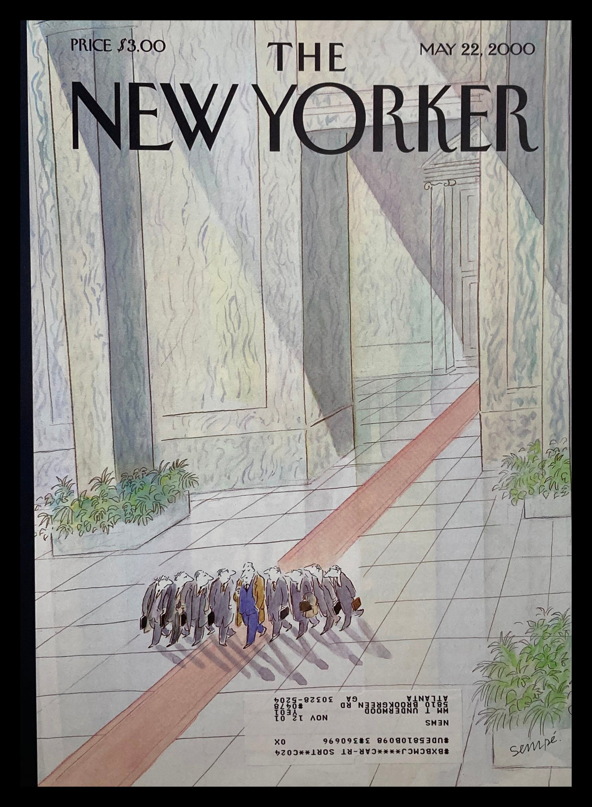 Cover of The New Yorker May 22 2000 featuring whimsical illustration 'Hanging on Every Word' by J.J. Sempé, showcasing a group of characters in a sophisticated setting.