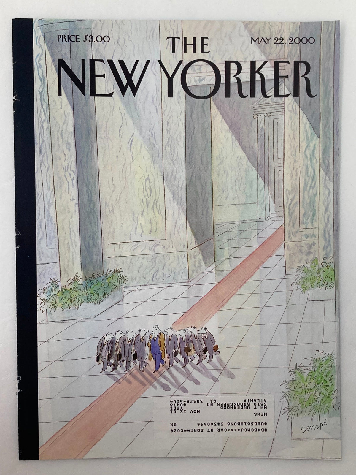 Cover of The New Yorker May 22 2000 titled 'Hanging on Every Word' by J.J. Sempé, depicting a unique artistic scene with characters in a stylish environment.