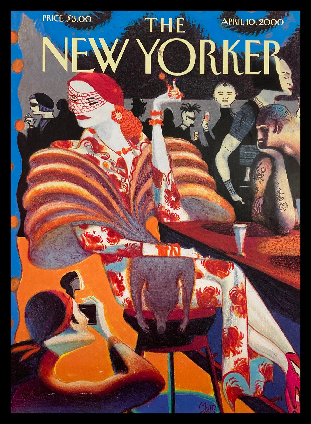 The New Yorker cover dated April 10, 2000, titled 'Night Life' by Lorenzo Mattotti, featuring vibrant illustrations of nightlife with a glamorous figure and lively scene.