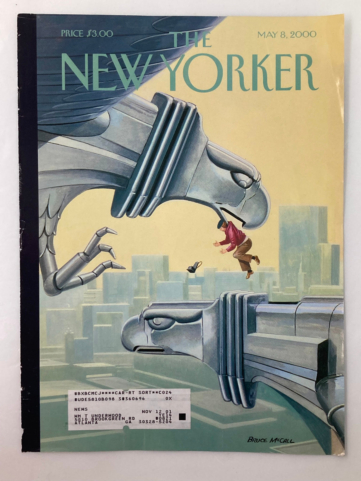 COVER ONLY The New Yorker May 8 2000 Eagle Statue by Bruce McCall, featuring an artistic depiction of eagle sculptures with a whimsical scene, ideal for decoration or as a collectible piece.