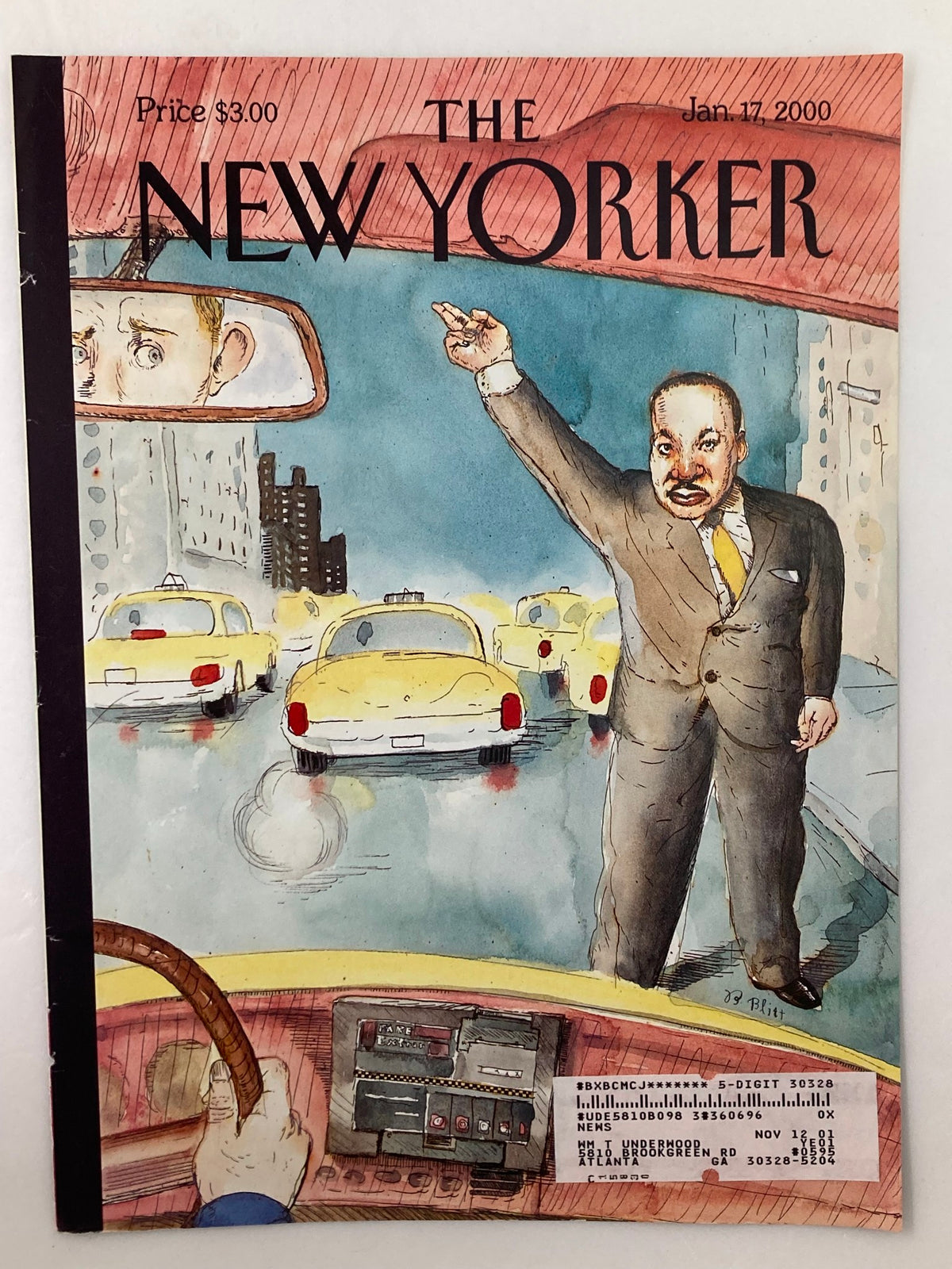 Cover of The New Yorker January 17, 2000, showcasing the illustration 'Hailing Dr. King' by Barry Blitt, with Martin Luther King Jr. gesturing from a taxi, surrounded by city traffic, representing significant social ideals.