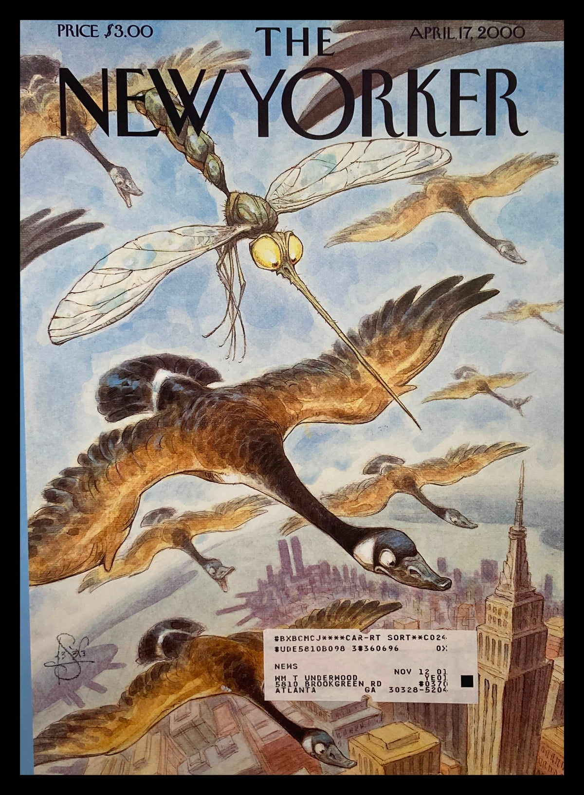 Cover of The New Yorker dated April 17, 2000, titled 'Blending In' by Peter de Seve, featuring whimsical illustrations of flying geese and a dragonfly over a city skyline.