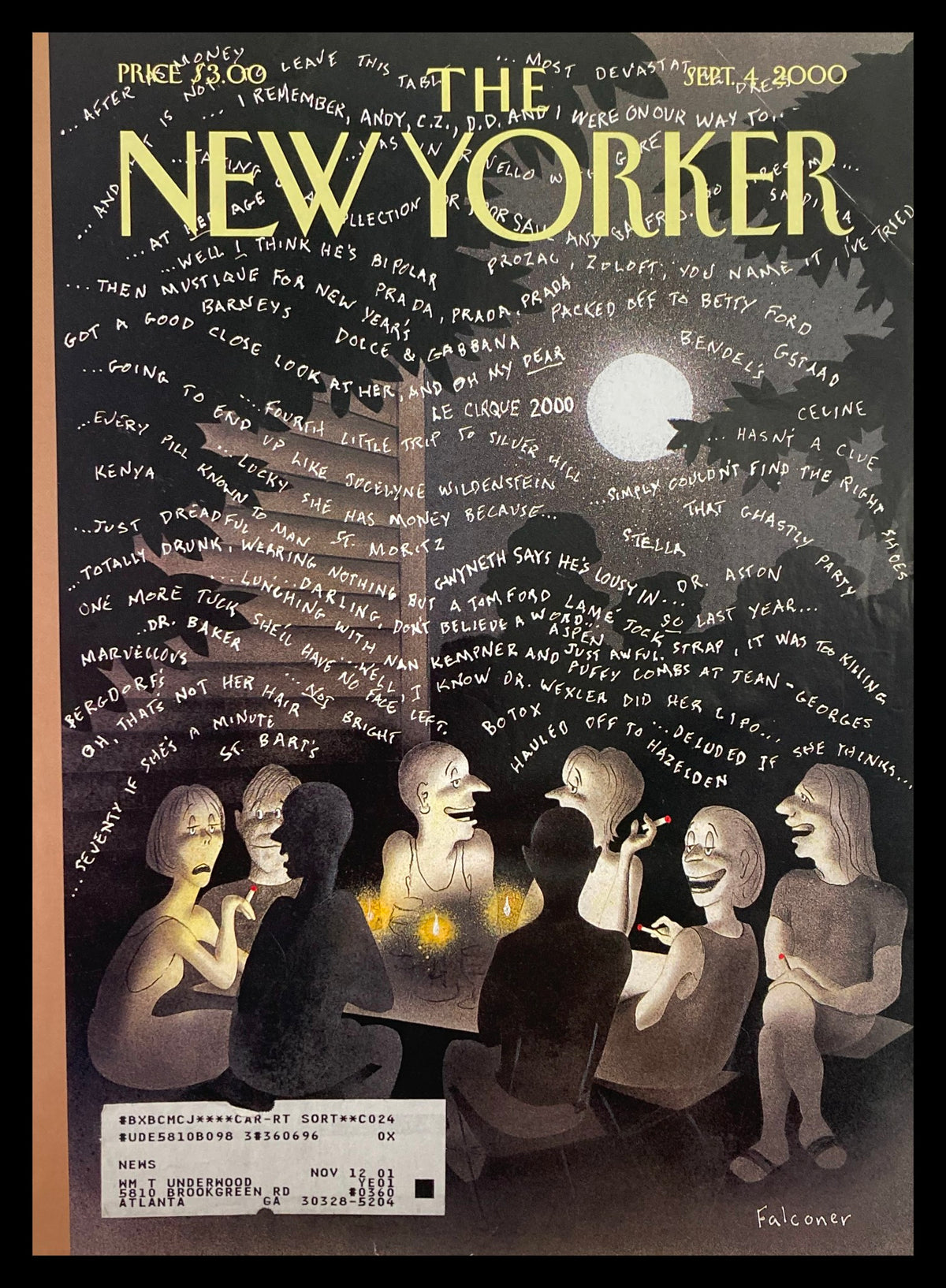 Cover of The New Yorker, September 4, 2000, titled 'Country Living' by Ian Falconer, featuring a group of people gathered by a campfire, illustrated in a whimsical style.