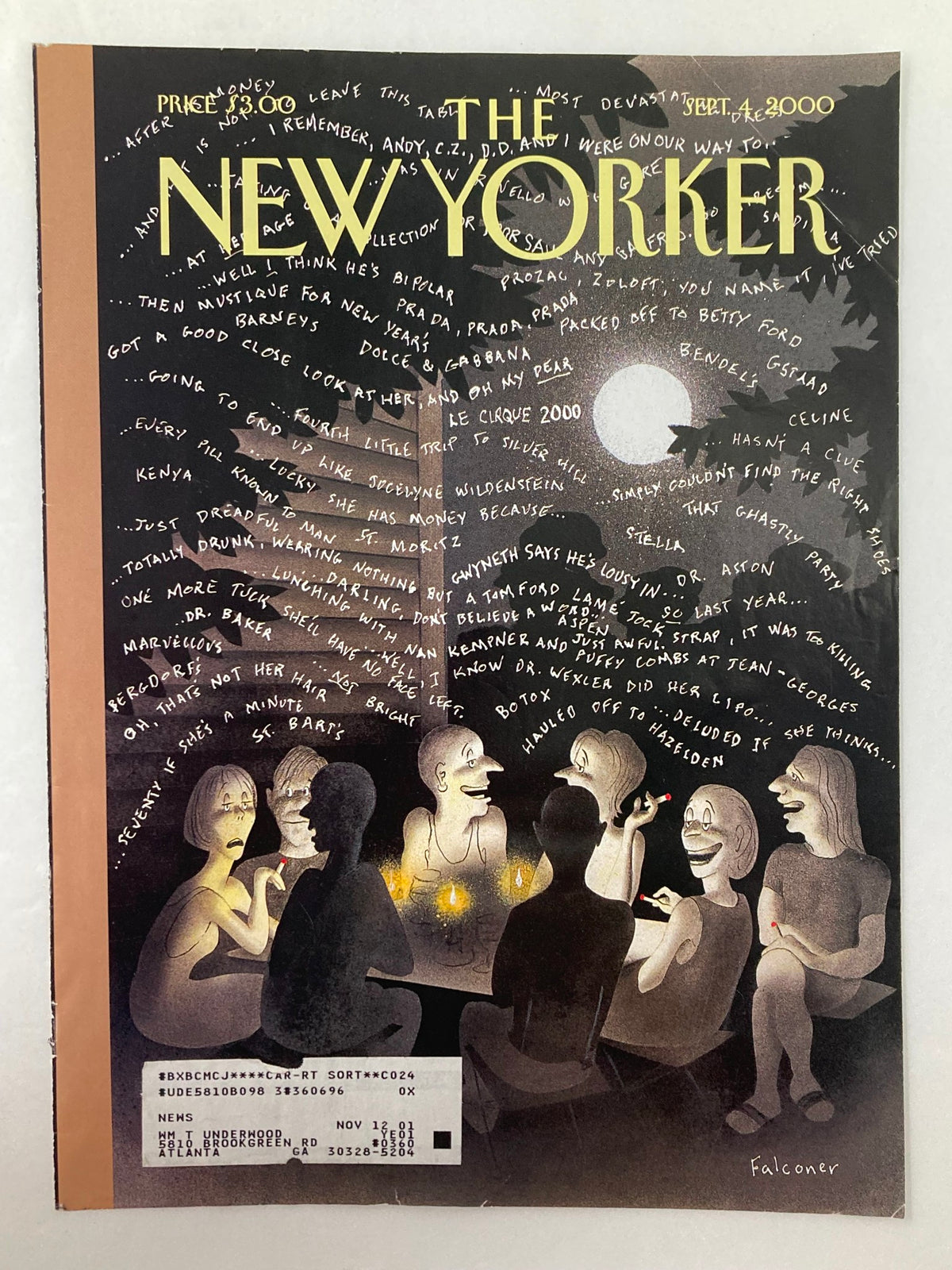 Cover of The New Yorker, September 4, 2000, titled 'Country Living' by Ian Falconer, depicting a lively scene with individuals sitting around a fire, expressing a playful and artistic design.
