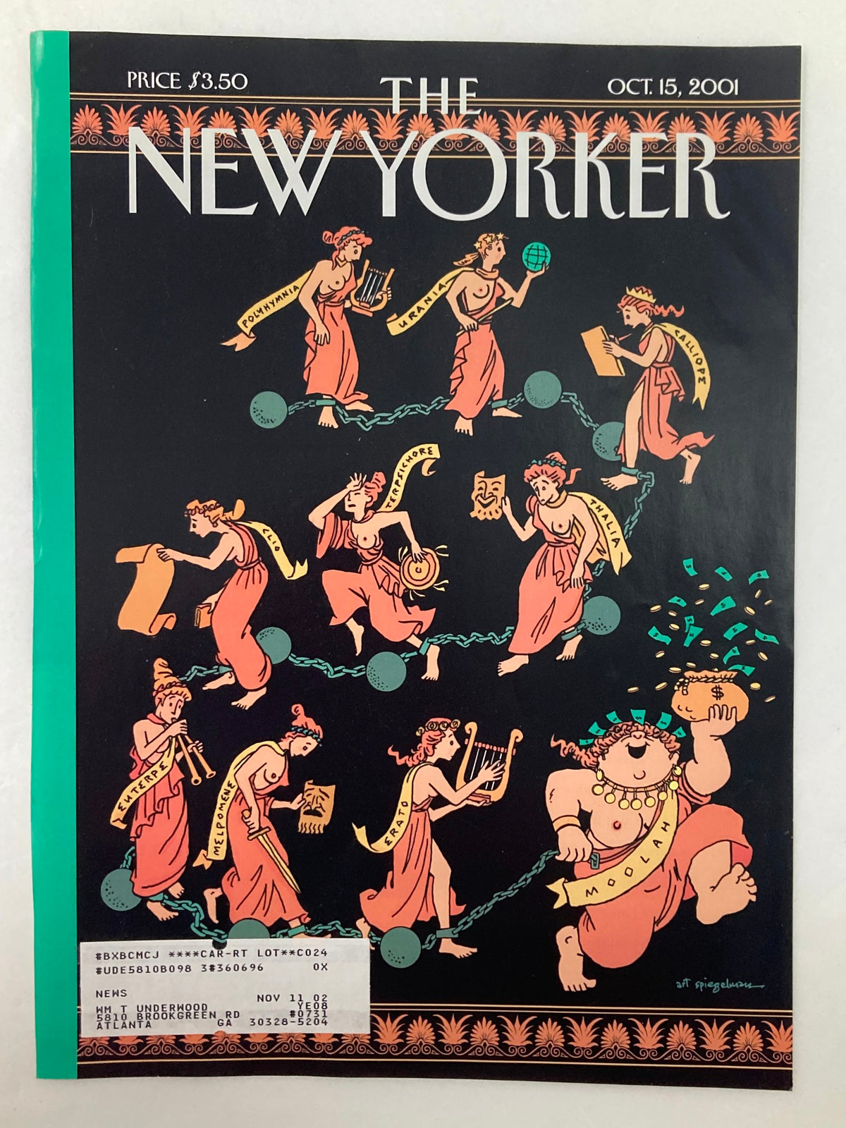 Cover of The New Yorker, October 15, 2001, featuring illustrations by A. Spiegelman that depict themes of terrorism and tolerance, showcasing notable characters from mythology in a vibrant artwork.