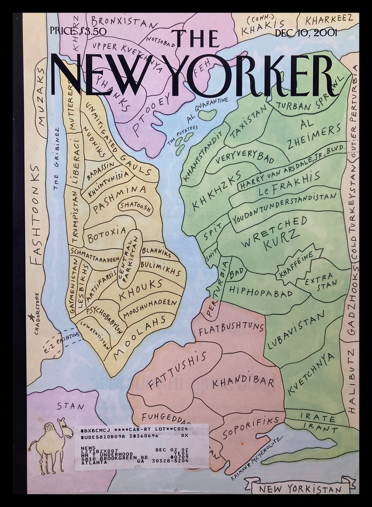 Cover only of The New Yorker December 10 2001, titled 'New Yorkistan' by Maira Kalman, featuring a colorful illustrated map with humorous annotations and a label on front.