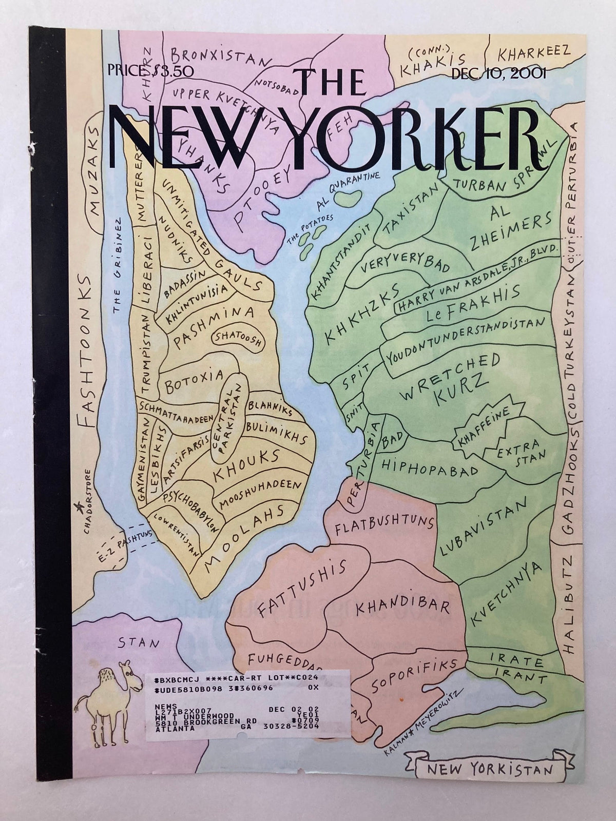 Cover only of The New Yorker December 10 2001, titled 'New Yorkistan' by Maira Kalman, showing a vibrant illustrated map with whimsical naming and details, including a price label.