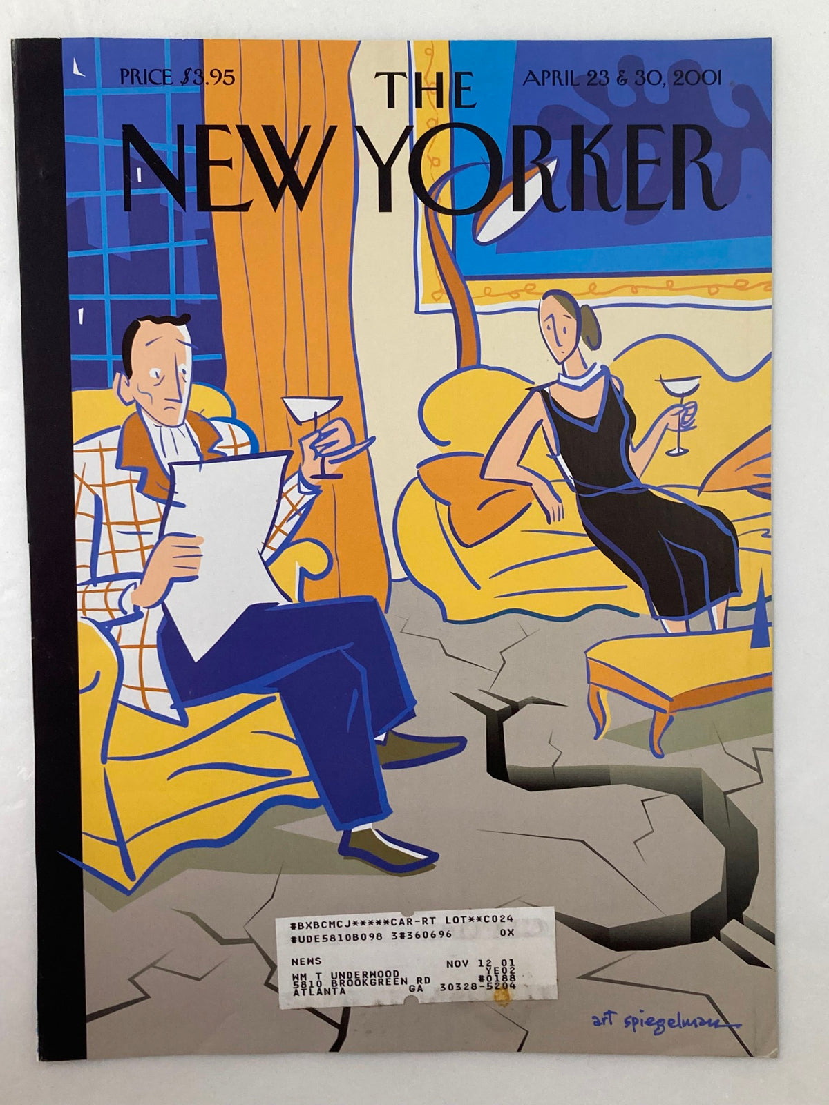 Cover of The New Yorker April 23 2001 featuring a colorful illustration by Art Spiegelman, depicting two elegantly dressed figures in a stylized setting with drinks in hand.