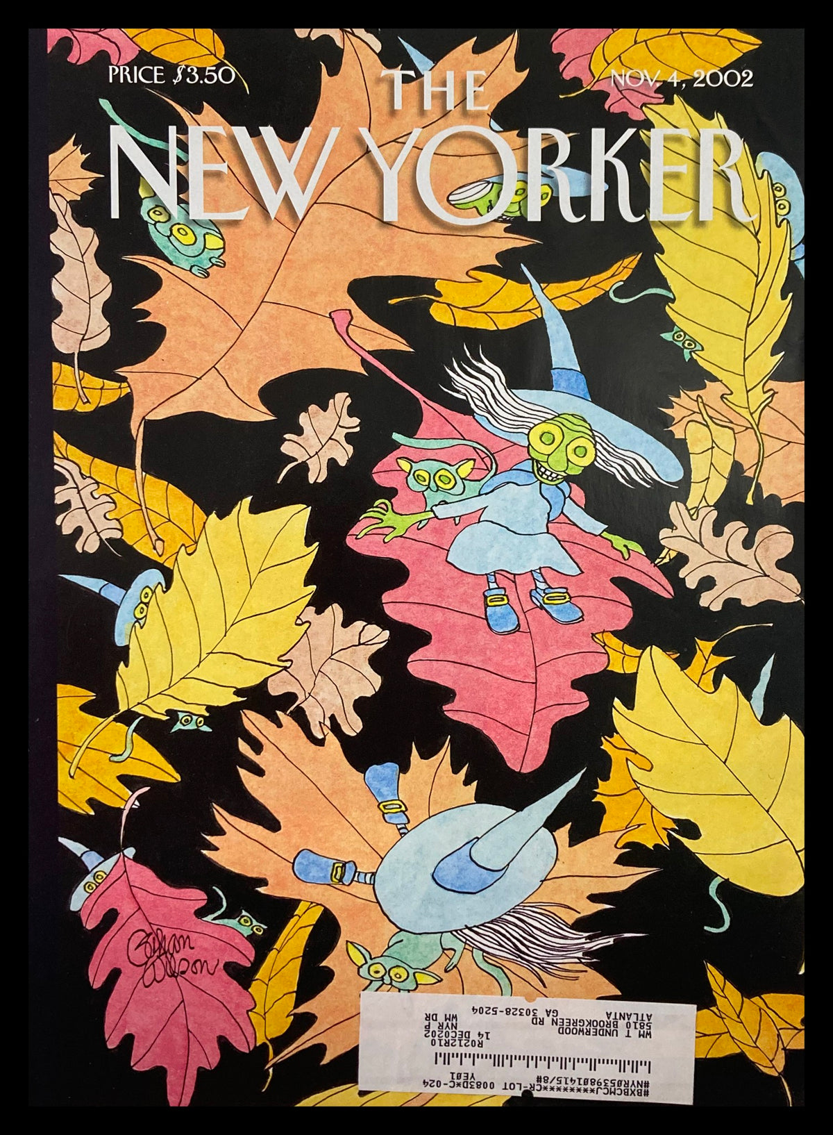 Cover of The New Yorker from November 4, 2002, titled 'Flying Leaves' by Gahan Wilson, featuring whimsical artwork of colorful leaves and creatures against a dark background.