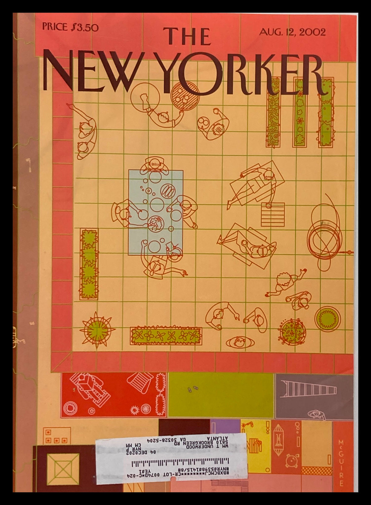 The New Yorker August 12 2002 cover featuring a whimsical bird's eye view of a BBQ scene, illustrated by Richard McGuire, showcasing a colorful grid layout with outdoor dining elements.