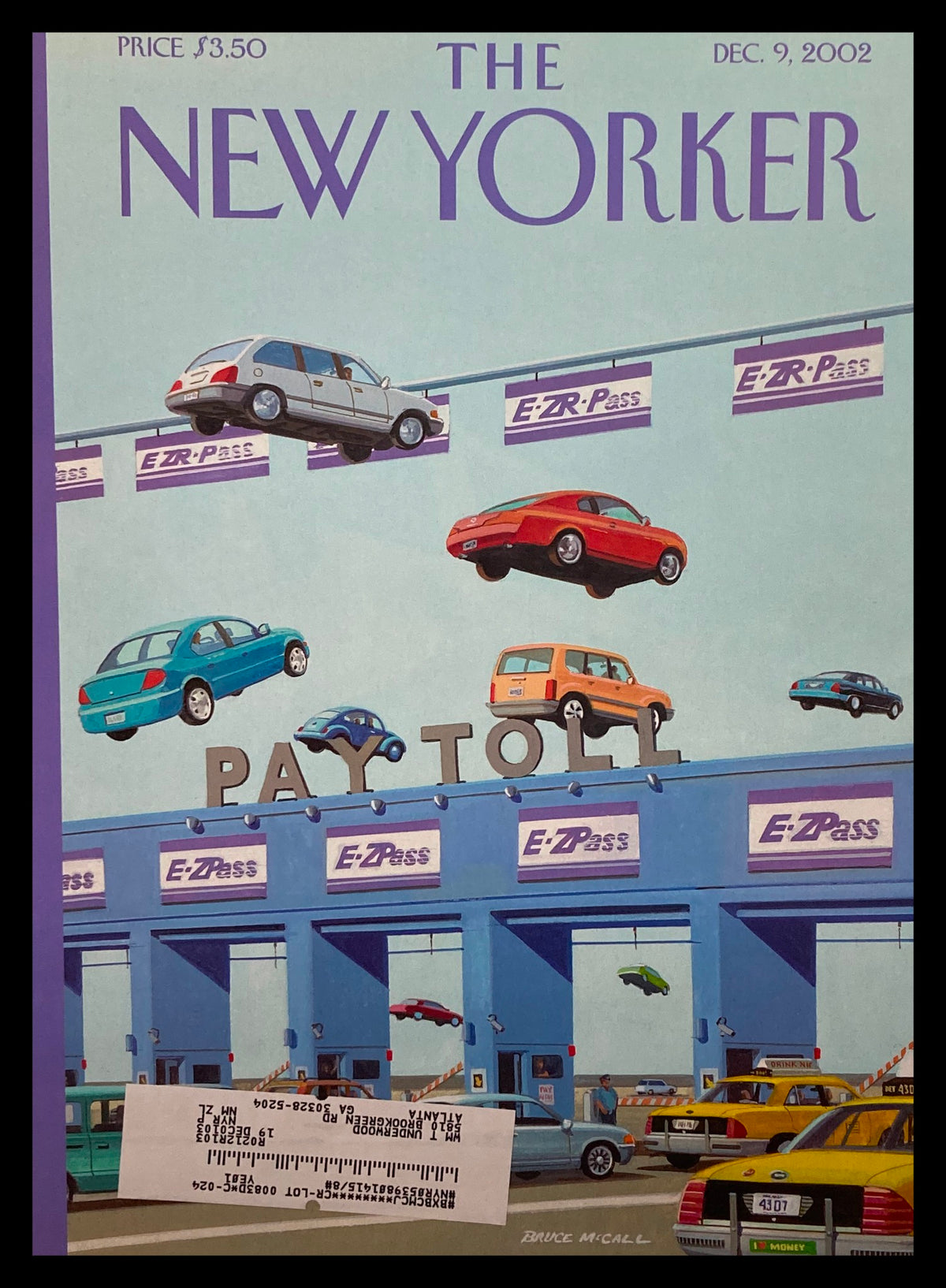 Cover of The New Yorker from December 9, 2002, titled 'To Grandmother's House We Go' by Bruce, featuring colorful cars navigating an EZ-Pass toll booth.