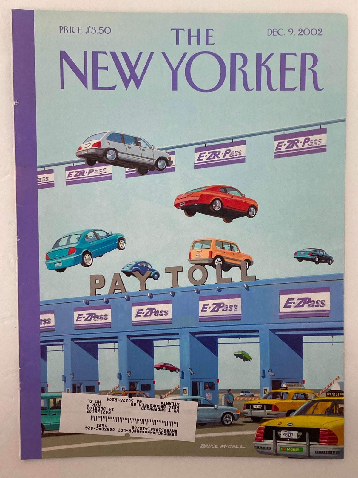 Cover only of The New Yorker December 9, 2002, titled 'To Grandmother's House We Go' by Bruce, illustrating vehicles passing through a toll booth with EZ-Pass signs.