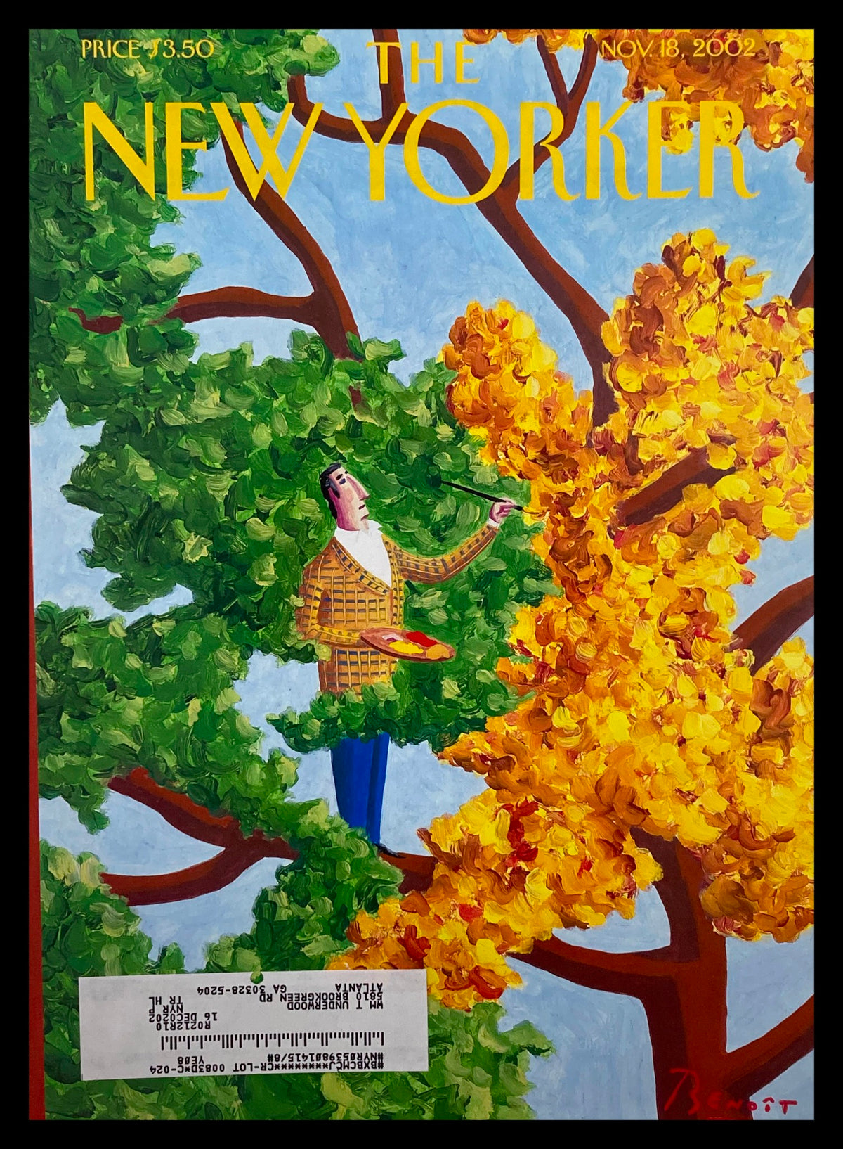 Cover of The New Yorker November 18, 2002 titled 'Autumn' by Benoit van Innis, featuring vibrant autumn foliage with a man in a patterned coat surrounded by colorful trees.