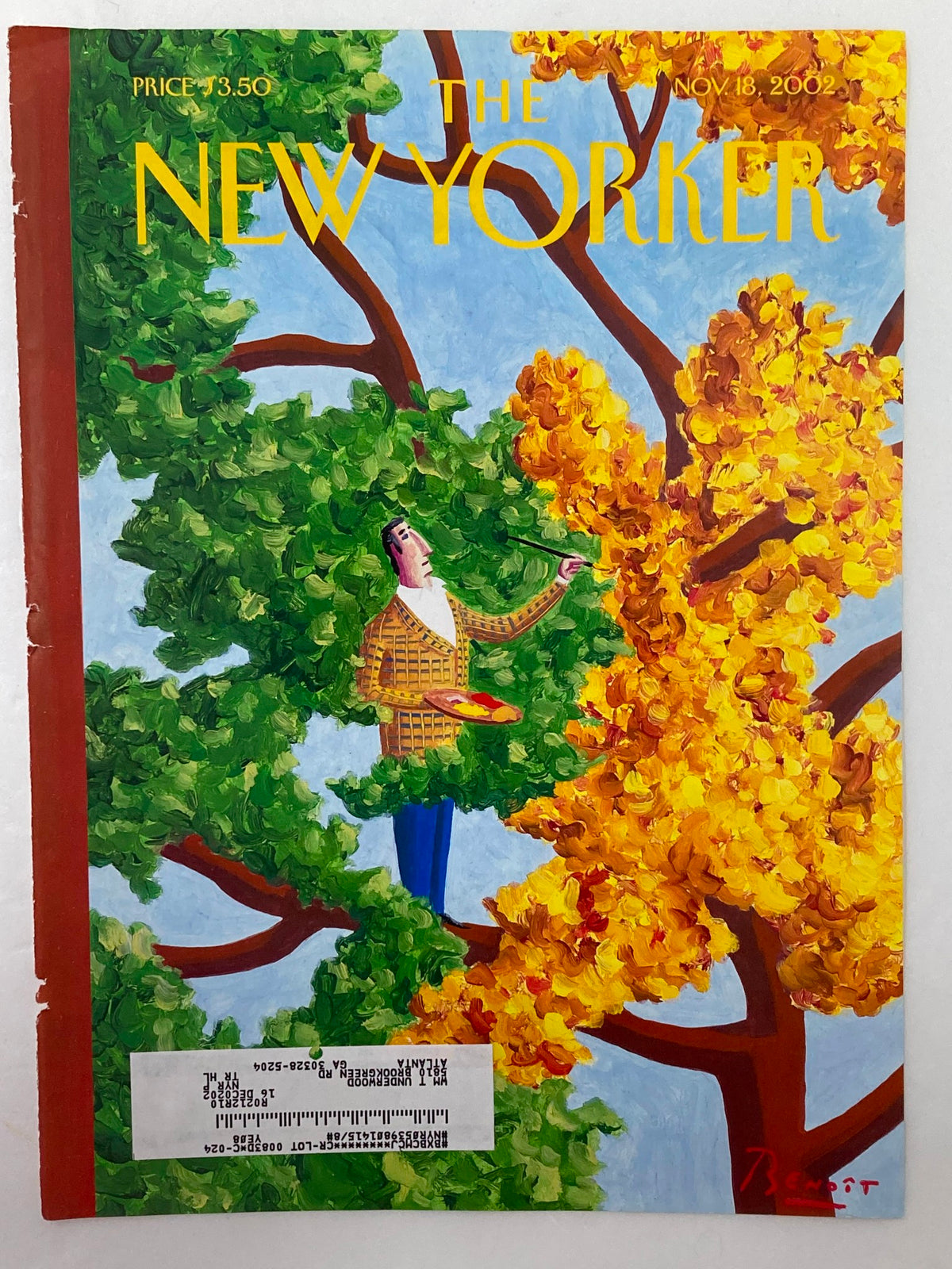 Cover of The New Yorker November 18, 2002 titled 'Autumn' by Benoit van Innis, showcasing a bright illustration of autumn trees, featuring a well-dressed man against a backdrop of golden and green leaves.