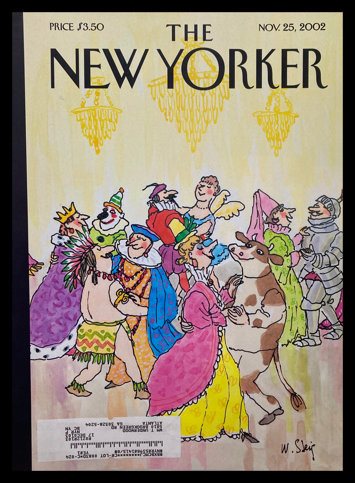 Cover of The New Yorker dated November 25, 2002, featuring 'Masquerade' by William Steig, depicting a whimsical masquerade scene with colorful characters and festive attire.