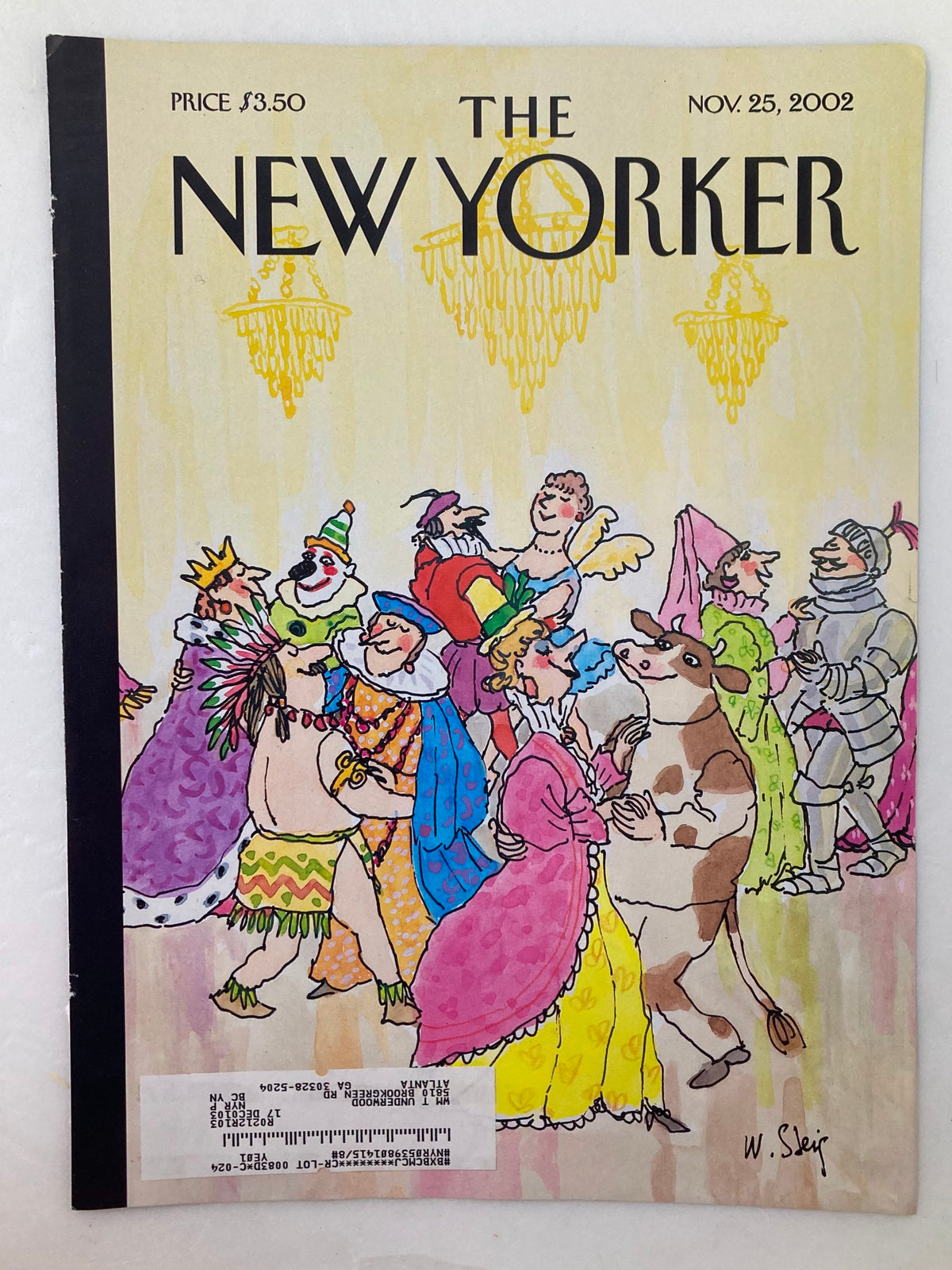 Cover of The New Yorker dated November 25, 2002, showcasing 'Masquerade' by William Steig, illustrated with charming characters in vibrant costumes celebrating a masquerade.