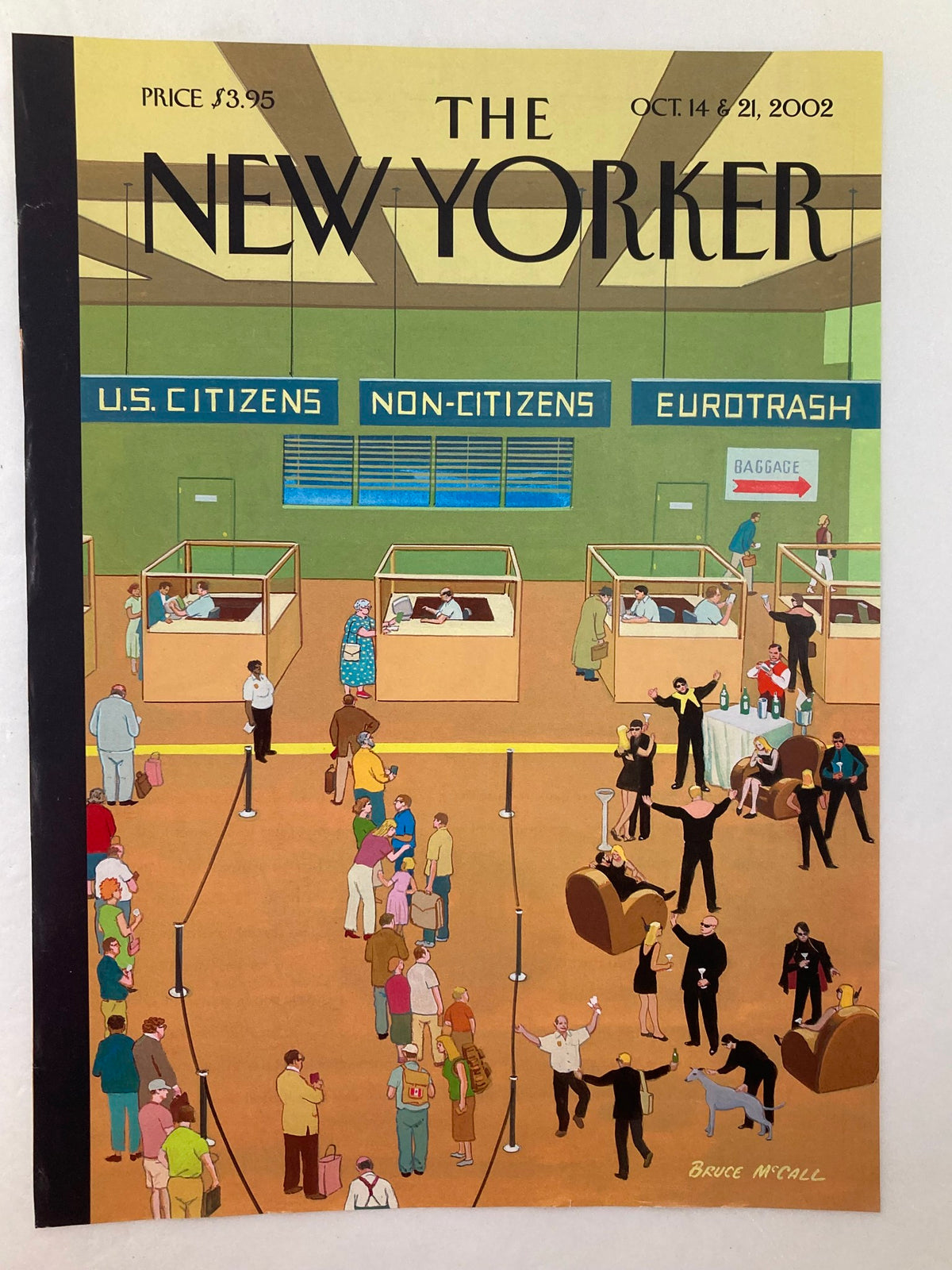 Cover of The New Yorker dated October 14, 2002, titled 'The Bush Manifesto' by Bruce McCall, featuring an illustrated scene depicting various travelers in an airport setting with commentary on U.S. citizens, non-citizens, and Eurotrash.