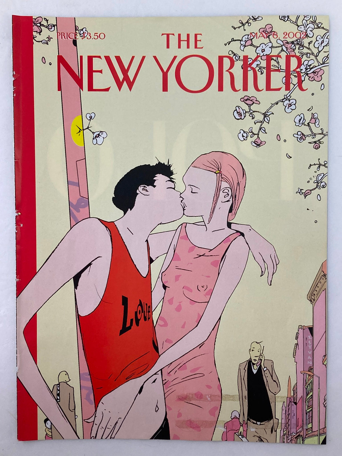 Front cover image of The New Yorker May 6, 2002, titled 'Spring is in the Air', showcasing a romantic scene with a couple embracing under cherry blossoms, artwork by Istvan Banyai.