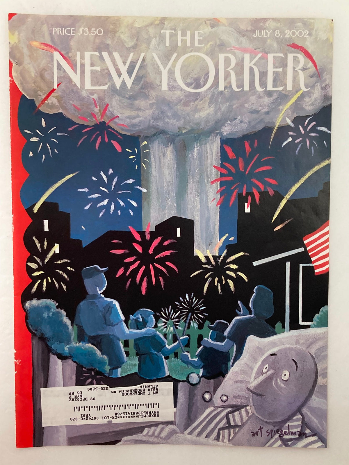 Cover of The New Yorker dated July 8, 2002, titled 'Fears of July 2002' by Art Spiegelman, featuring artistic illustrations of fireworks and a somber crowd, reflecting cultural sentiments of that time.