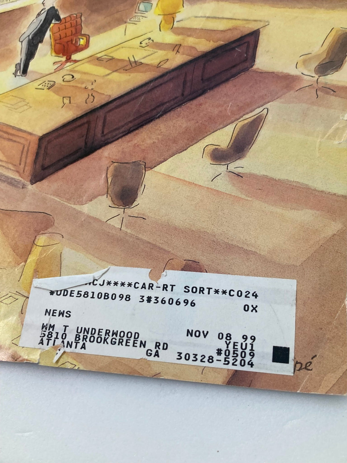 Close-up of The New Yorker February 2, 1998 cover details, including the label and artwork of 'A Certain Sense of His Own Importance'.