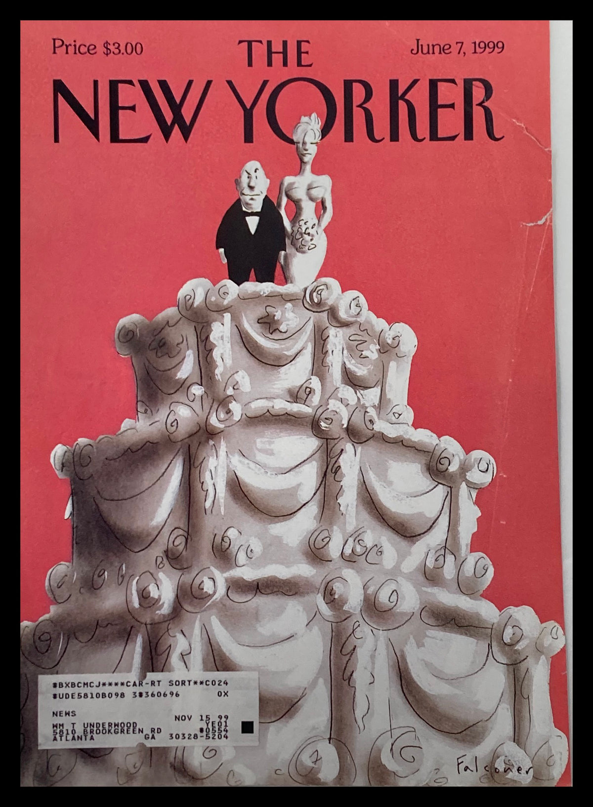 The New Yorker Cover from June 7, 1999, titled 'The Icing on the Cake' by Ian Falconer, featuring a whimsical illustration of a wedding cake with a bride and groom on top.