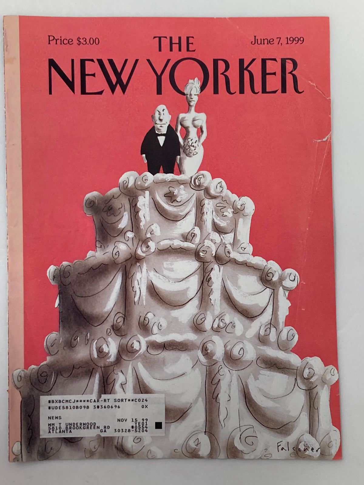 Close-up of The New Yorker Cover dated June 7, 1999, titled 'The Icing on the Cake', showcasing a detailed artwork of a wedding cake with charming characters.