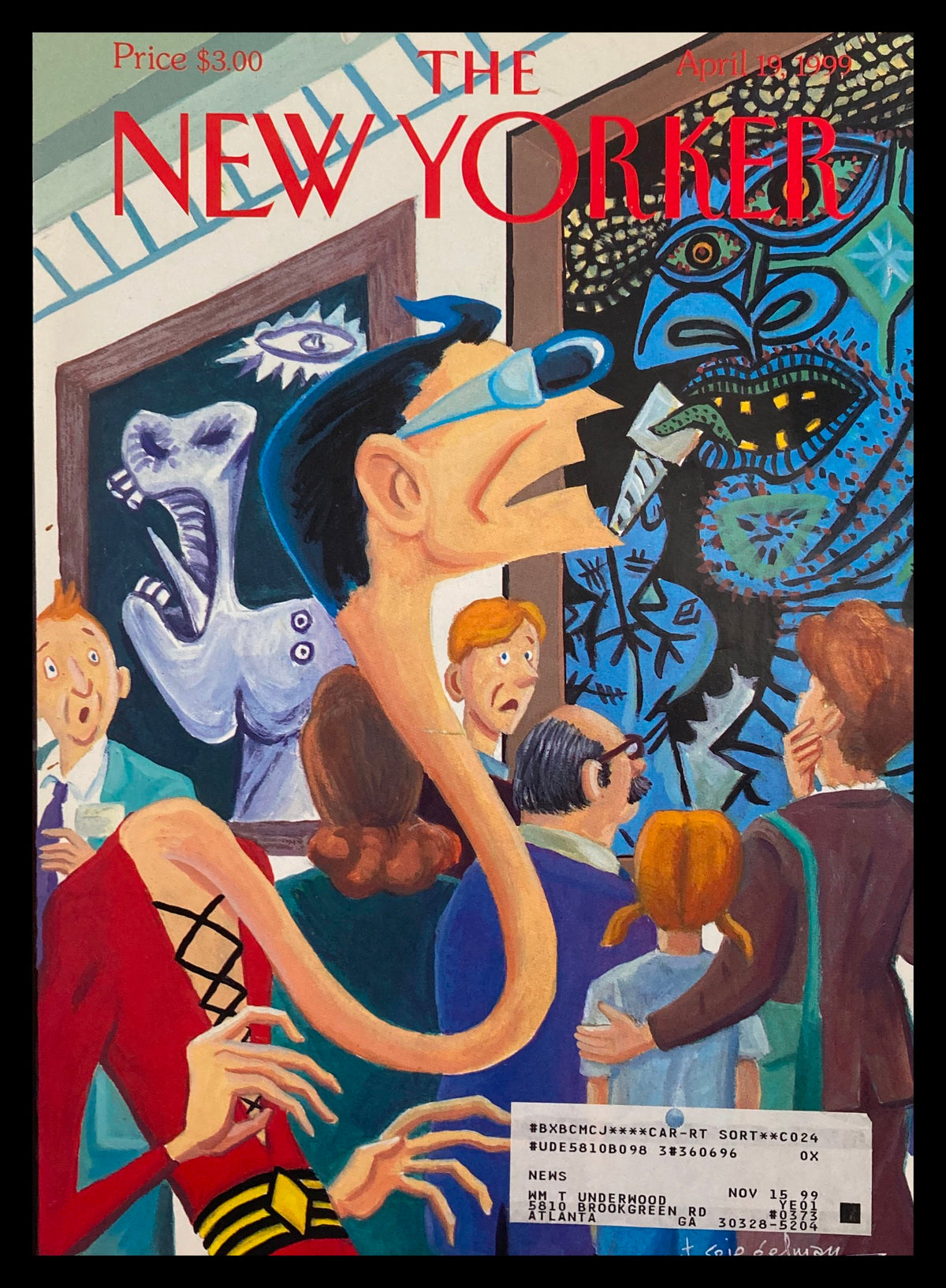 Cover of The New Yorker from April 19, 1999, featuring 'Snake Head' by Art Spiegelman. The illustration depicts a tall character interacting with a group of people, framed by vibrant artwork in the background.